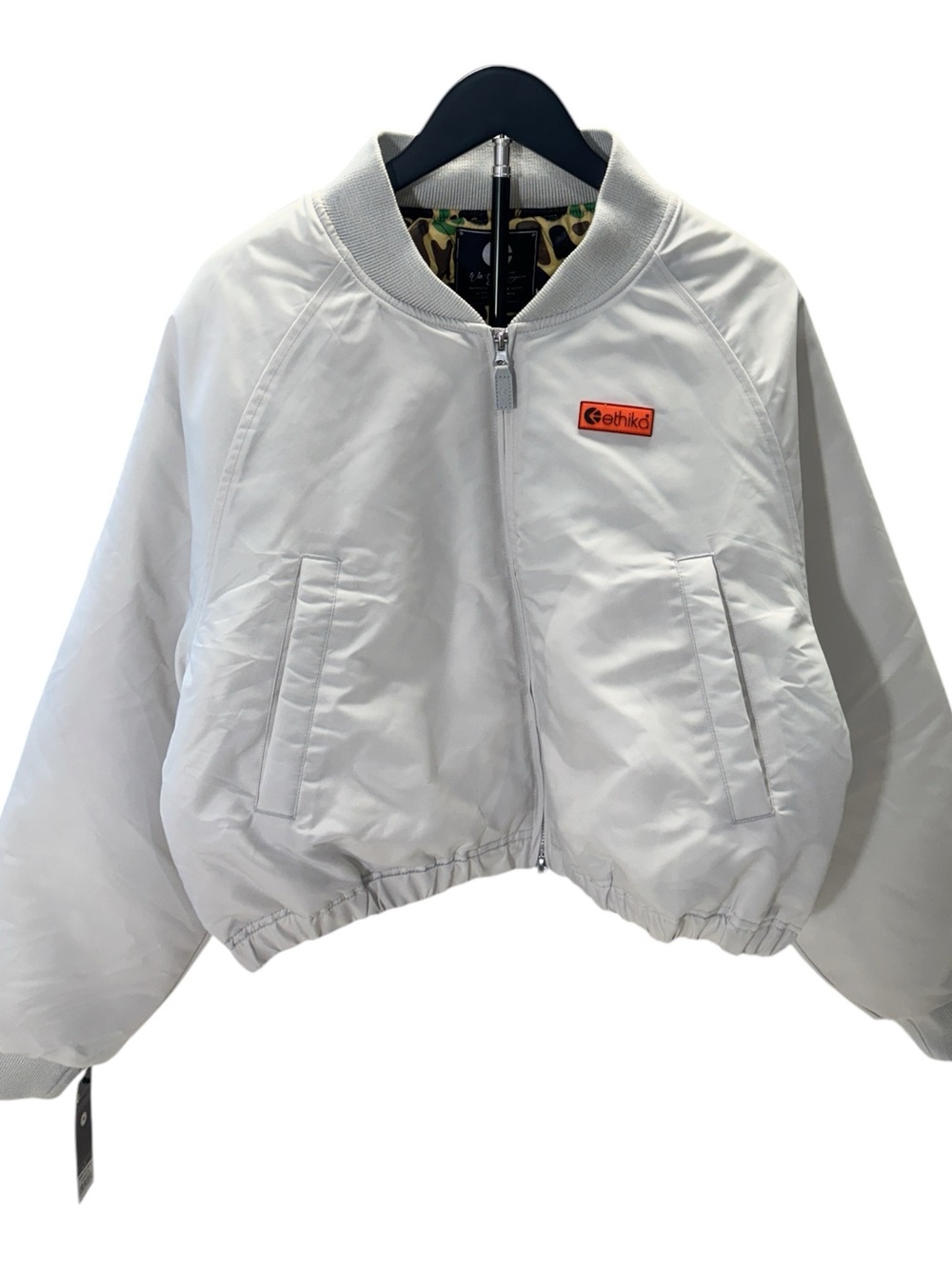 Ethik Women’s White Cropped Bomber Jacket with Orange Patch